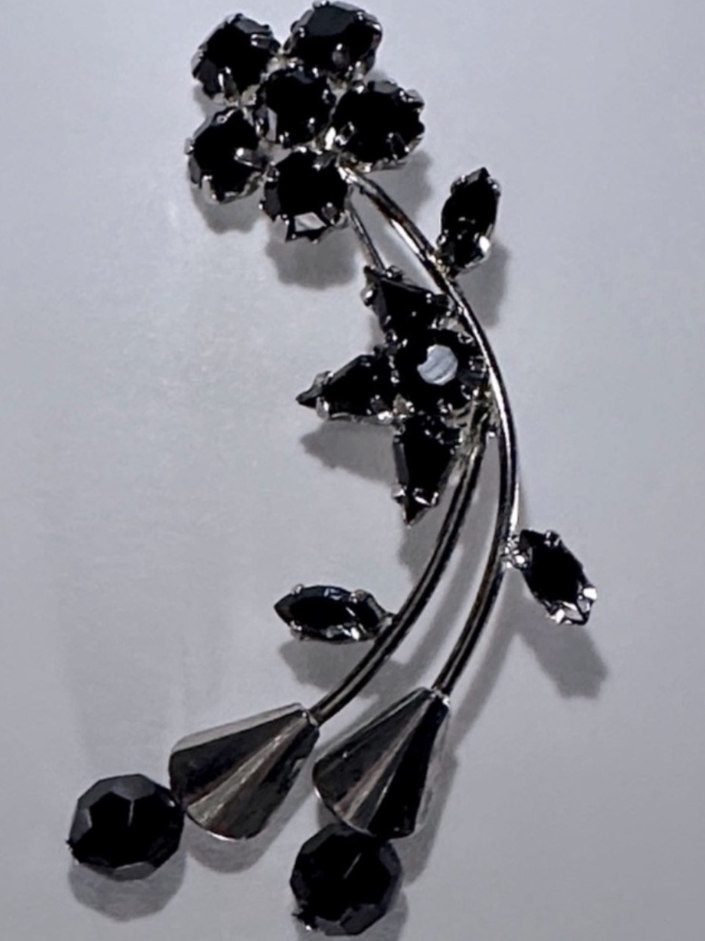 Vintage Silver-Tone Black Rhinestone Flower Brooch